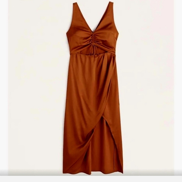 Abercrombie&Fitch Satin Cut Out V neck Ruched Rust Orange Wrap Midi Dress L - Picture 6 of 6